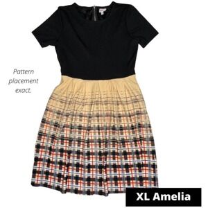 LuLaRoe Womens Dress Size XL Amelia Black Tan Red Stripes Plaid Dipped NWT